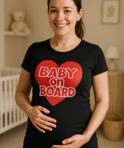 Pregnancy announcement T-shirt with "Baby on Board" message for moms-to-be.