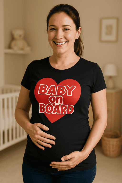 Pregnancy announcement T-shirt with "Baby on Board" message for moms-to-be.