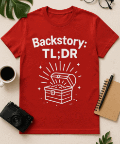 Backstory T-shirt with treasure chest graphic, casual novelty tee for storytelling lovers and pirates fans.
