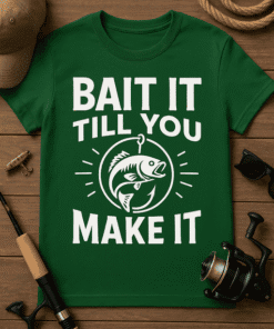 Fishing T-shirt with humorous "Bait It Till You Make It" design, ideal for anglers.