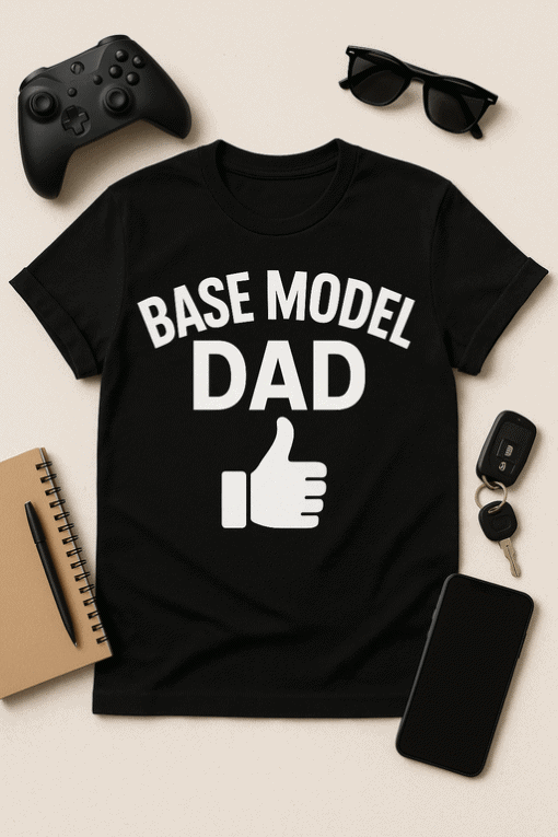 Comfortable black T-shirt with "Base Model Dad" slogan and thumbs-up graphic, perfect for Father's Day or casual wear.