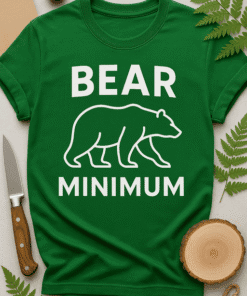 White bear outline T-shirt with "BEAR MINIMUM" text on green background for casual fashion.