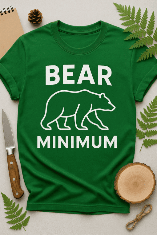 White bear outline T-shirt with "BEAR MINIMUM" text on green background for casual fashion.
