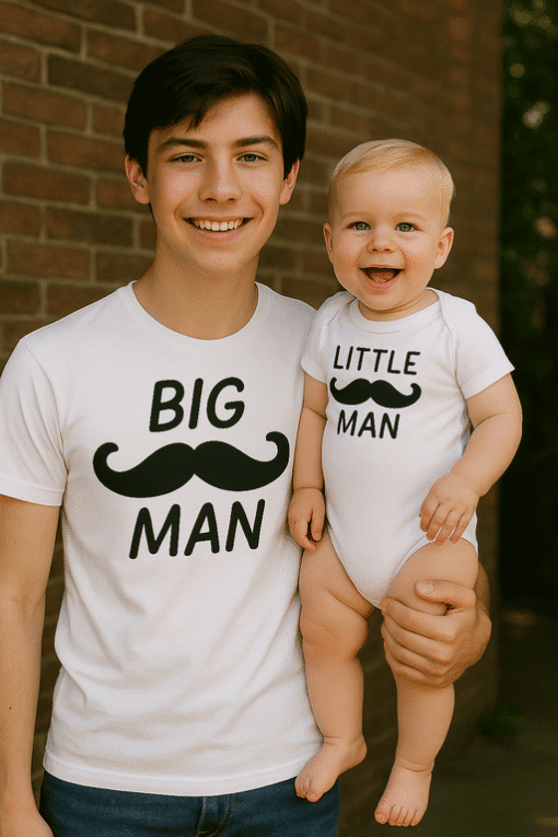 1. Father and son matching T-shirts with "Big Man" and "Little Man" text, perfect for family photos.