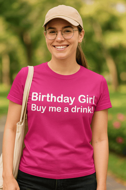 Bright pink "Birthday Girl Buy me a drink" T-shirt, perfect for birthday celebrations and fun gifts from tshirtplease.com.