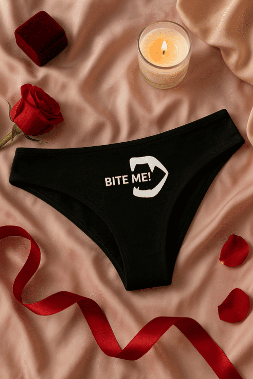 Bite Me! graphic underwear with biting fist design on black fabric, ideal for edgy fashion lovers.