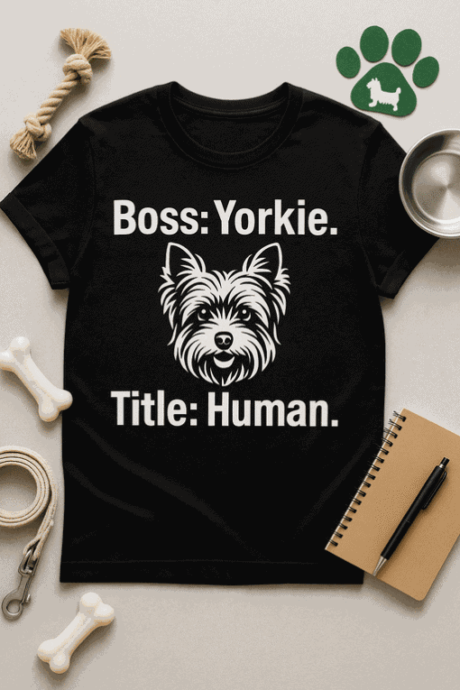 Dog-themed T-shirt, Yorkie boss, humorous pet owner apparel, canine graphic tee, pet lover gift idea.