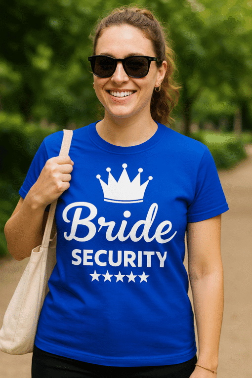 Bride security T-shirt for bridal party and wedding events, stylish and fun attire.
