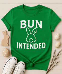 Bright green bunny-themed T-shirt with playful "BUN INTENDED" text for Easter or casual wear. Perfect for springtime or fun occasions.