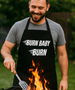 "Burn Baby Burn" barbecue apron with fire motif, perfect for grilling enthusiasts and outdoor cooks.