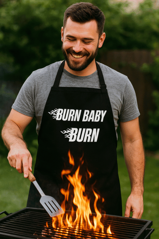 "Burn Baby Burn" barbecue apron with fire motif, perfect for grilling enthusiasts and outdoor cooks.