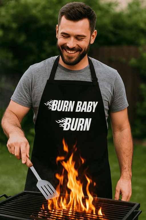 "Burn Baby Burn" barbecue apron with fire motif, perfect for grilling enthusiasts and outdoor cooks.