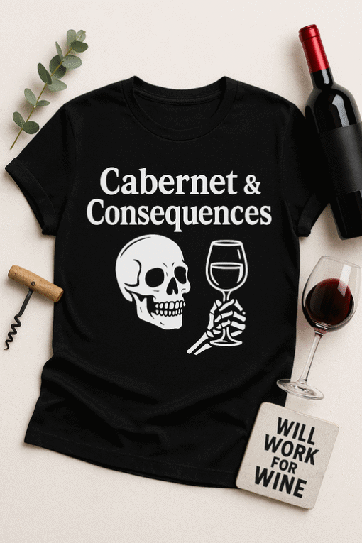 Skull and wine glass T-shirt with "Cabernet & Consequences" slogan for wine lovers and casual fashion.