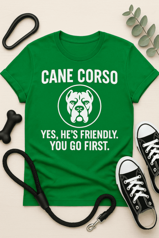 1. Dog-themed green T-shirt with Cane Corso graphic and humorous quote for dog lovers.