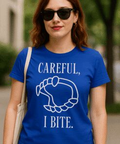 Careful I Bite T-shirt with cartoon hand graphic, casual graphic tee for women and men, perfect for humorous fashion.