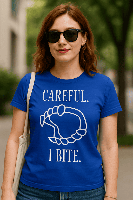 Careful I Bite T-shirt with cartoon hand graphic, casual graphic tee for women and men, perfect for humorous fashion.