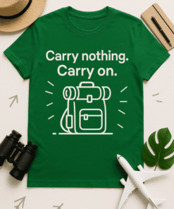 Carry nothing, carry on travel t-shirt for adventure lovers and backpackers dynamically designed on green fabric.