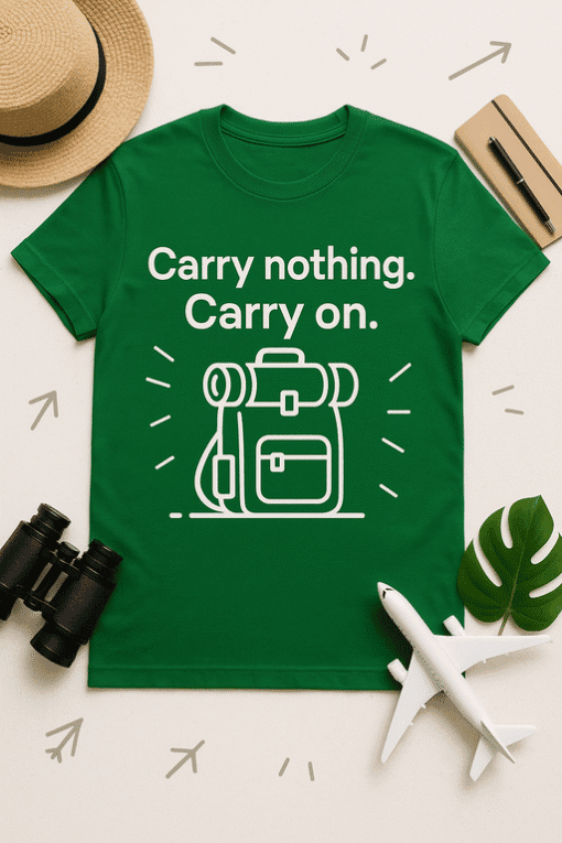 Carry nothing, carry on travel t-shirt for adventure lovers and backpackers dynamically designed on green fabric.