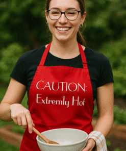 1. Woman in red apron cooking outdoors with "Caution: Extremely Hot" printed.