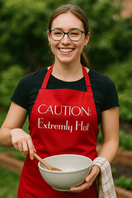 1. Woman in red apron cooking outdoors with "Caution: Extremely Hot" printed.