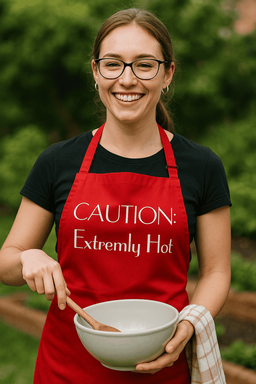 1. Woman in red apron cooking outdoors with "Caution: Extremely Hot" printed.