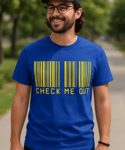 Barcode t-shirt with check me out slogan, men's graphic tee in blue, casual streetwear, T-shirtplease.com.