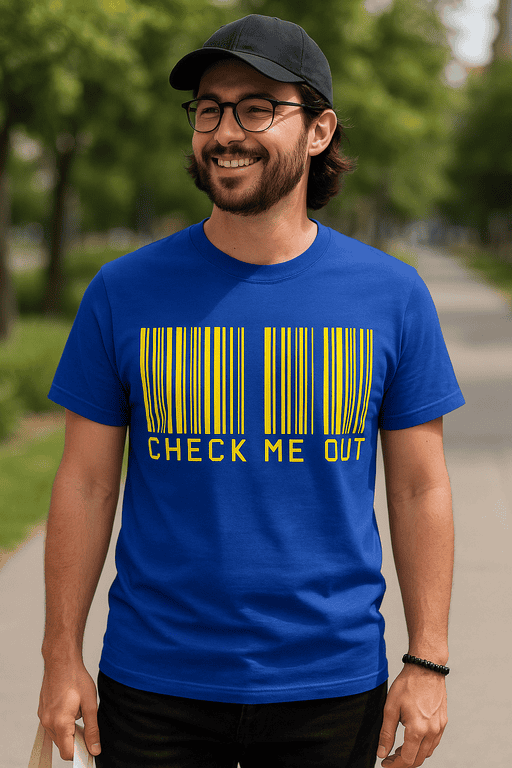 Barcode t-shirt with check me out slogan, men's graphic tee in blue, casual streetwear, T-shirtplease.com.