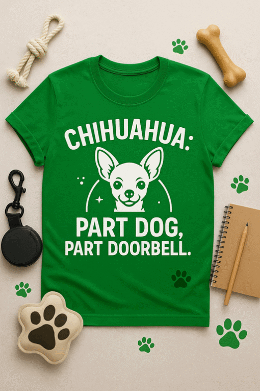 Dog T-shirt with Chihuahua graphic and humorous pet dog slogan, perfect for dog lovers and pet owners.