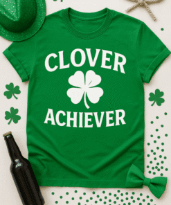 Shamrock graphic T-shirt with "Clover Achiever" slogan, perfect for St. Patrick's Day festivities.
