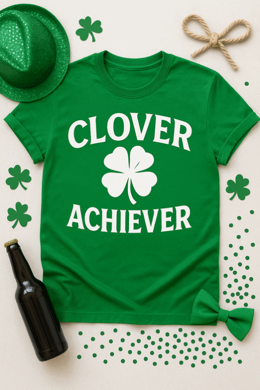 Shamrock graphic T-shirt with "Clover Achiever" slogan, perfect for St. Patrick's Day festivities.