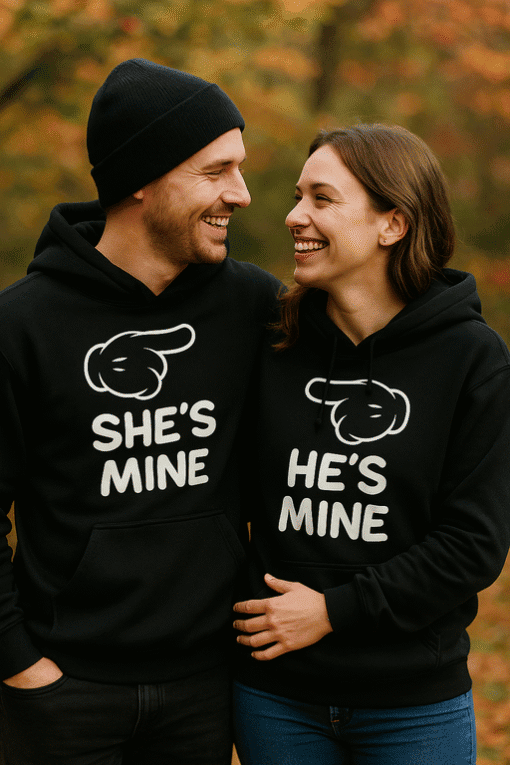 Matching couple hoodies with "She's Mine" and "He's Mine" designs, perfect for romantic gift ideas.