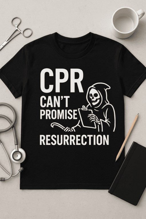 "Funny CPR Resurrection T-shirt with Grim Reaper Design".