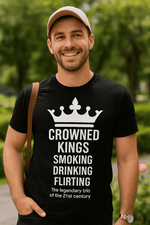 1. Men's black T-shirt with "Crowned Kings" slogan, perfect for casual wear and outdoor activities.
