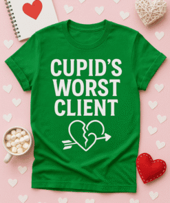 Heartbreak humorous Valentine's Day T-shirt for Cupid's worst client. Perfect gift for comedy lovers and love skeptics.