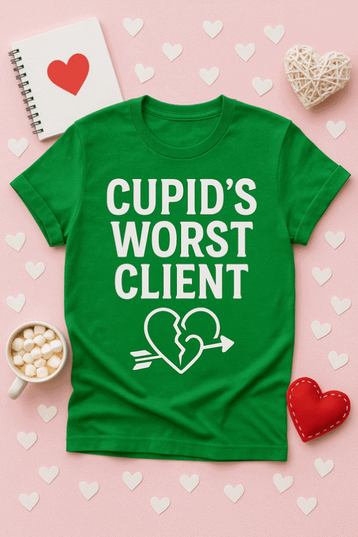 Heartbreak humorous Valentine's Day T-shirt for Cupid's worst client. Perfect gift for comedy lovers and love skeptics.