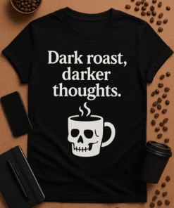 Dark humor coffee shirt with skull mug, perfect for goth or spooky themed fashion. Unique graphic tee for coffee lovers with dark humor.