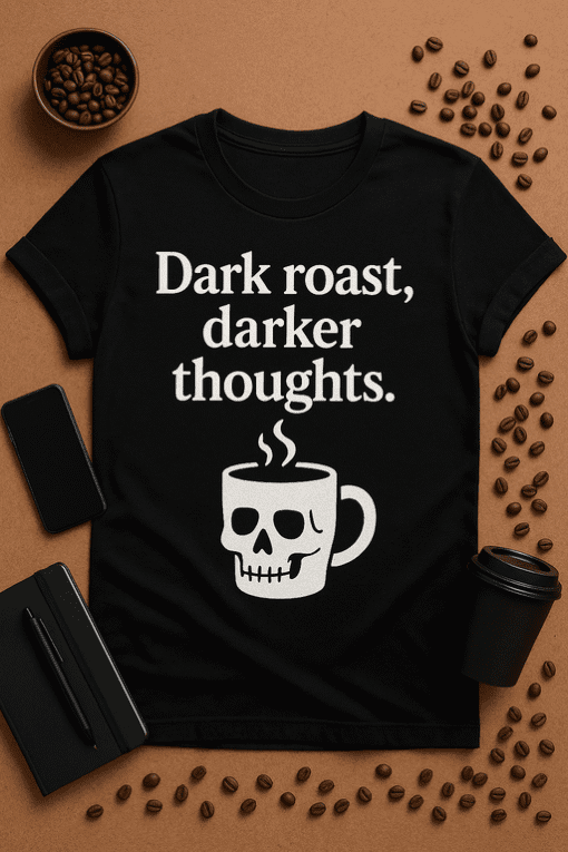 Dark humor coffee shirt with skull mug, perfect for goth or spooky themed fashion. Unique graphic tee for coffee lovers with dark humor.