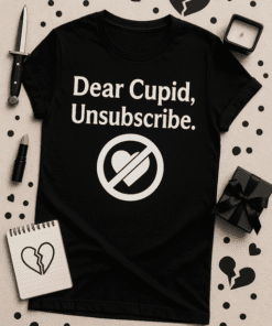 Unisex black T-shirt with humorous "Dear Cupid, Unsubscribe" message for Valentine's Day.