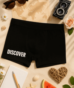 Comfortable men's black boxer shorts with "Discover" print, perfect for casual wear and summer styles.