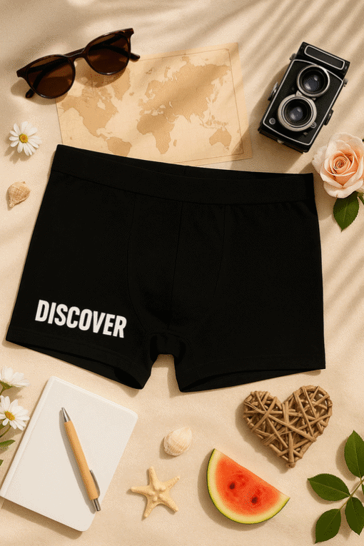 Comfortable men's black boxer shorts with "Discover" print, perfect for casual wear and summer styles.