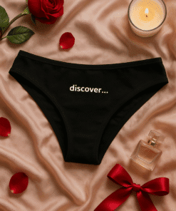 Discover sexy women's lingerie, black panties with "discover..." text, romantic gift, intimate wear for women.