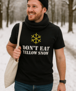 Snowflake graphic T-shirt with humorous message for winter style and cold weather fashion.