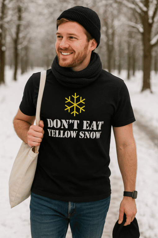Snowflake graphic T-shirt with humorous message for winter style and cold weather fashion.