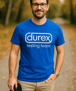 Durex testing team t-shirt for men, humorous logo tee, casual summer apparel, witty graphic t-shirt, unique printed t-shirt.