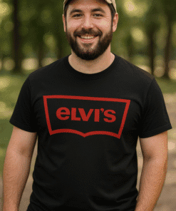 Elvis t-shirt with bold red graphic design for music lovers and fans of classic rock style.