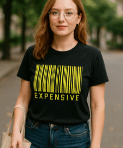 Barcode graphic t-shirt with the word "EXPENSIVE" for women, trendy casual fashion.