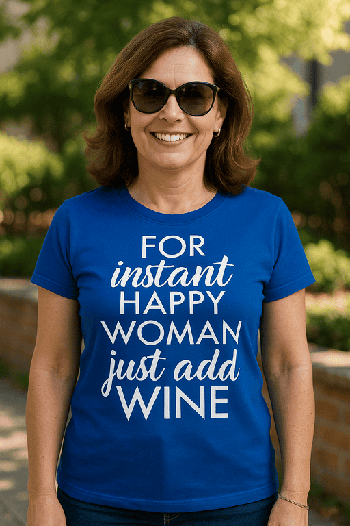 Happy woman wearing fun wine quote T-shirt, cheerful outdoor park scene, trendy casual summer tee, stylish women’s graphic shirt, perfect gift idea.
