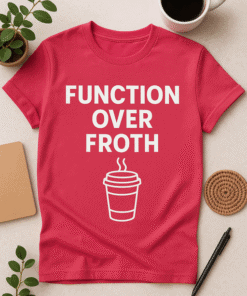 Coffee lover funny T-shirt with "Function Over Froth" quote and coffee cup graphic for casual wear.