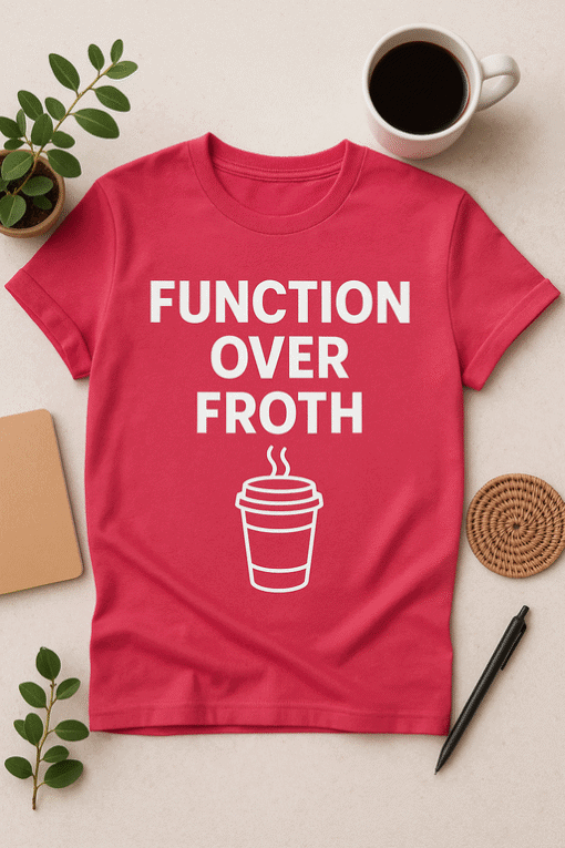 Coffee lover funny T-shirt with "Function Over Froth" quote and coffee cup graphic for casual wear.