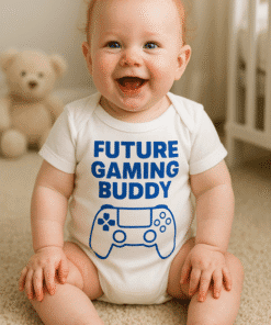 Cute baby in gaming-themed T-shirt, perfect for kids who love video games and gaming culture.